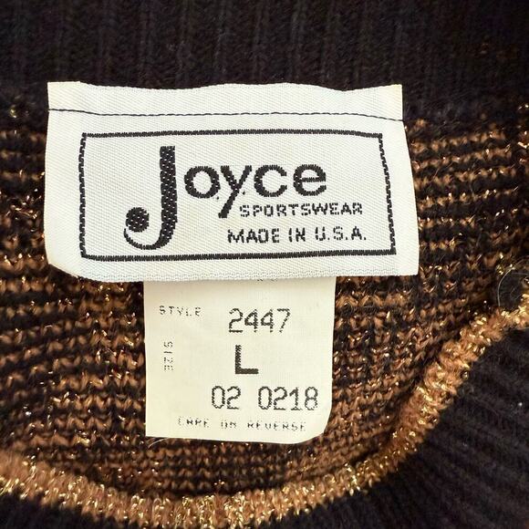 Vintage 80s Crewneck Leopard Pullover Knit Sweater Black Brown Metallic Gold, L - Picture 3 of 11
